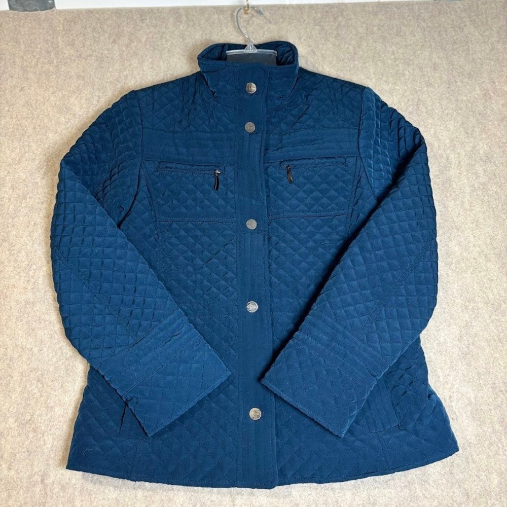 Gallery Quilted Jacket Womens Small Blue Polyester Snap Zip Classic Chic Coat